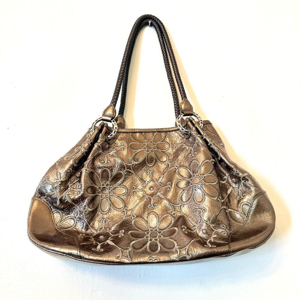 Brighton Valencia Floral Embroidered Leather Metallic Purse Pewter Shoulder Bag